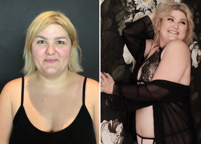 Before & After of plus size blonde woman at her boudoir photoshoot